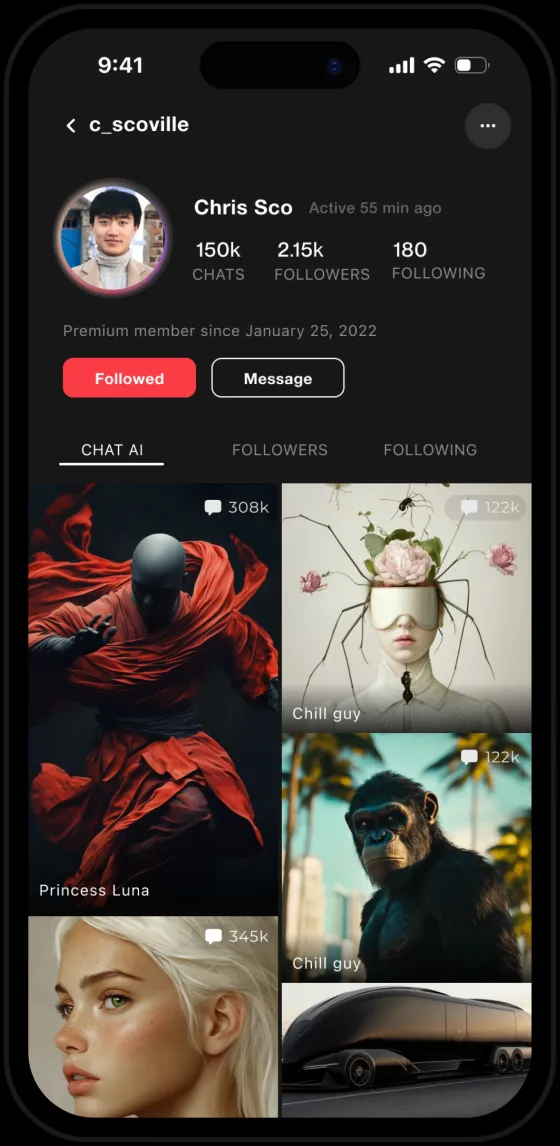 A creator's profile showing chats, followers and the AIs they made